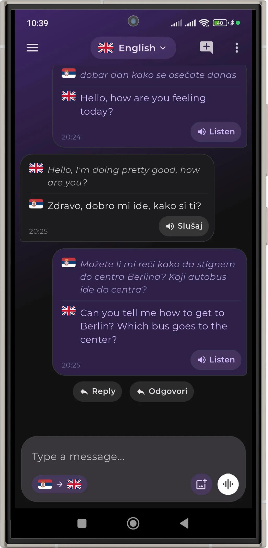 Putnik chat translating a conversation between Serbian and English